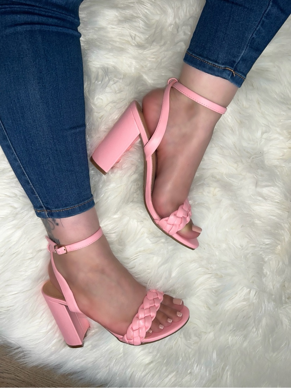 Women's Pink Braided Block Heel Sandals